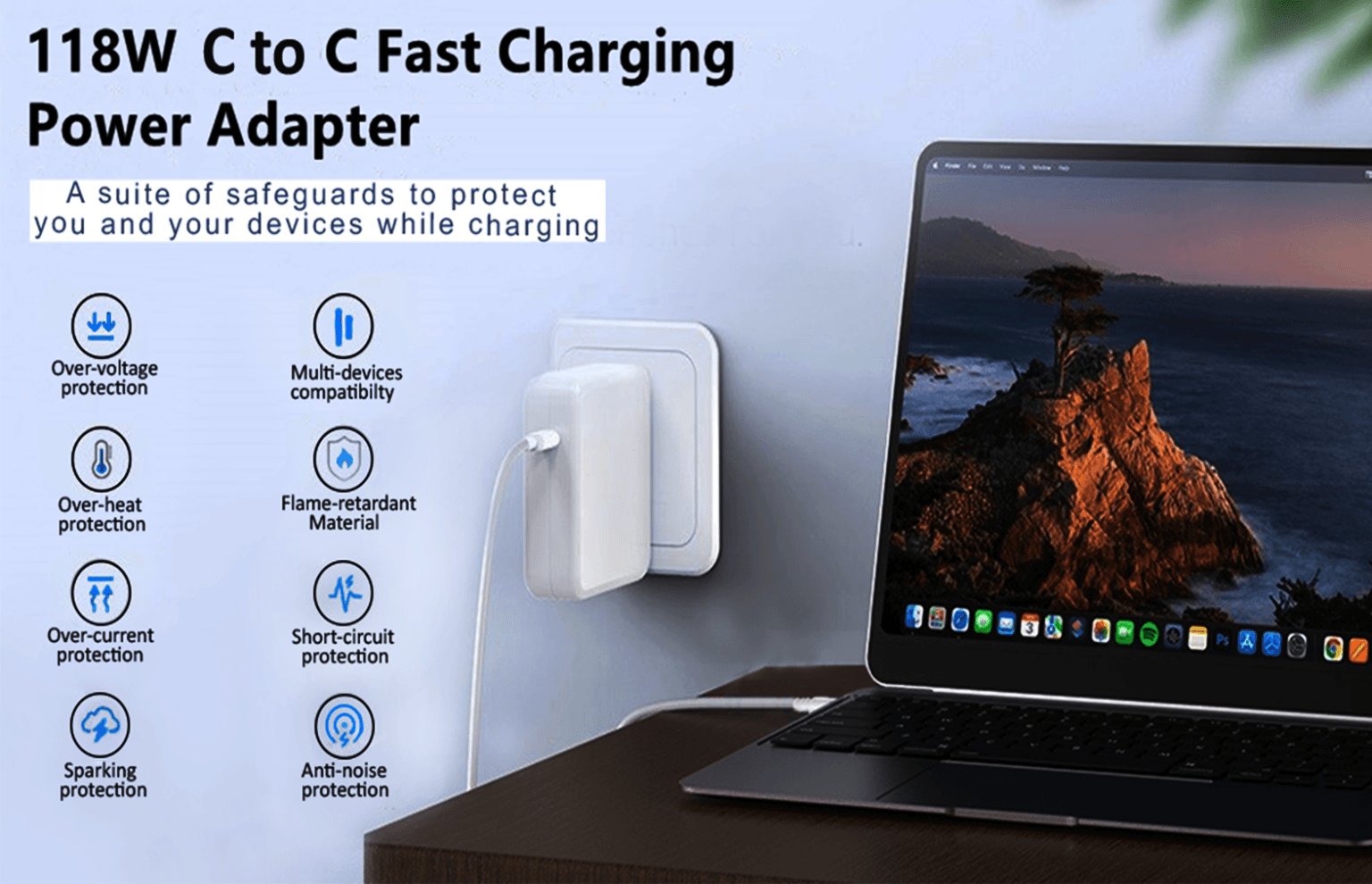 Fast MacBook Charger – 140W Fast Charger with USB C - without Charging Cable