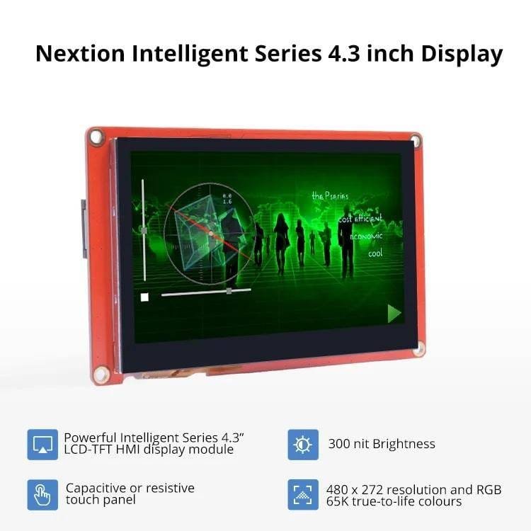 NEXTION 4.3 Inch HMI Touchscreen LCD Display – Intelligent Series NX4827P043 AI Smart Resistive Touchscreen with TFT Display, Serial Port, USART and RTC – Commercial Grade